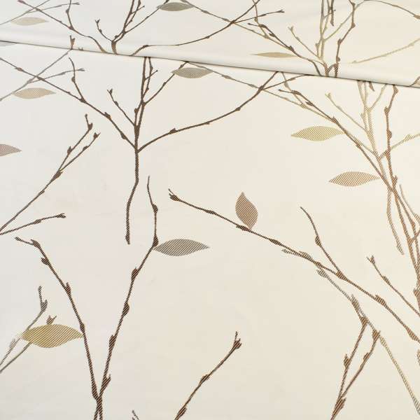 Атлас жакард для штор гілочки листя коричнево-бежеві на білому тлі, ш.154