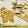 Атлас жакард для штор гілочки квіти золотисті на білому тлі, ш.150