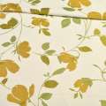 Атлас жаккард для штор веточки цветы золотистые на белом фоне, ш.150