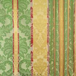 Жаккард интерьерный полосы с вензелями золотые, зеленые, вишневые, ш.140