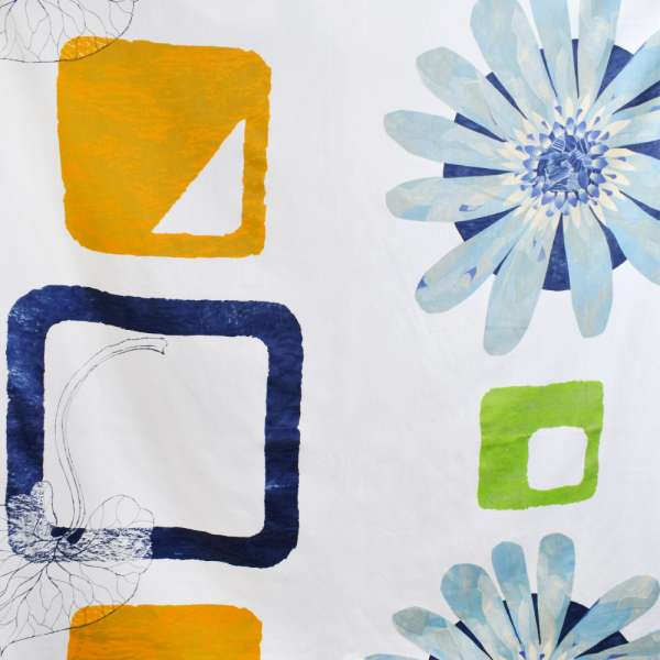 Сатин для штор квіти великі блакитні, квадрати кольорові на білому тлі, ш.140