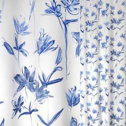 Сатин для штор цветы синие на белом фоне, ш.135