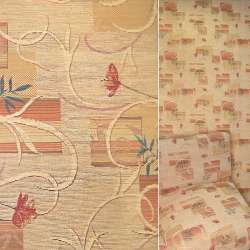 Шенилл жаккард мебельный цветы красные, квадраты на персиковом светлом фоне, ш.140