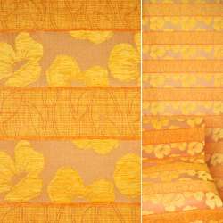 Шенилл жаккард мебельный цветы желтые, полосы оранжевые на бежевом фоне в елочку, ш.140
