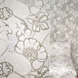 Шенилл фукра мебельный цветы бежево-серый с белым, ш.140