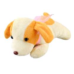 Мягкая игрушка собачка с розовым бантиком высота 12 см молочная с желтыми ушками