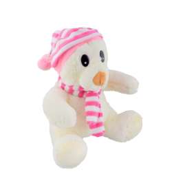 М'яка іграшка ведмедик у смугастій рожевої шапці з шарфиком 25 см білий