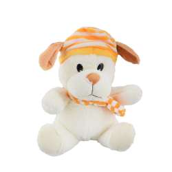М'яка іграшка собачка в смугастій жовтої шапці з шарфиком 25 см молочна
