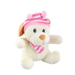 М'яка іграшка собачка в смугастій рожевої шапці з шарфиком 25 см молочна