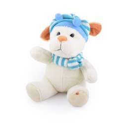 М'яка іграшка собачка в смугастій блакитній шапці з шарфиком 25 см молочна