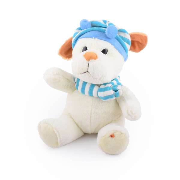 М'яка іграшка собачка в смугастій блакитній шапці з шарфиком 25 см молочна