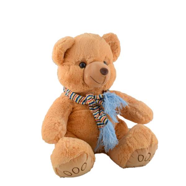 М'яка іграшка ведмедик в смугастому блакитному шарфику 40 см бежевий