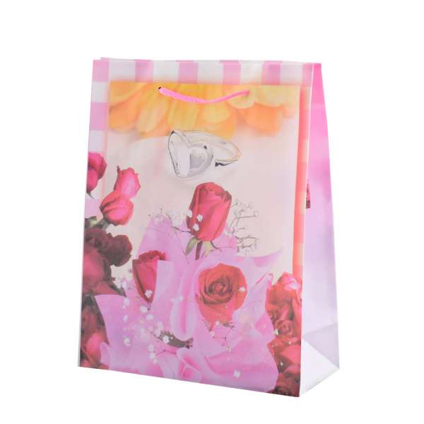 Пакет подарочный 23х18х7,5 см с розами и кольцом розовый