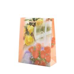 Пакет подарочный 16х12х6 см с розами и забором персиковый