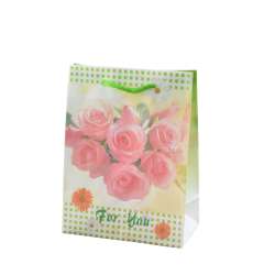 Пакет подарунковий 16х12х6 см в клітинку зелену з трояндами білий