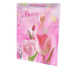 Пакет подарунковий 45х33 см з тюльпанами рожевий