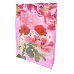 Пакет подарунковий 45х33 см з трояндами ромашками ліліями рожевий