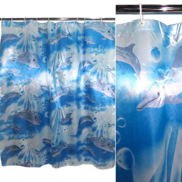 Шторка для ванної атласна з дельфінами 165х165 см блакитна
