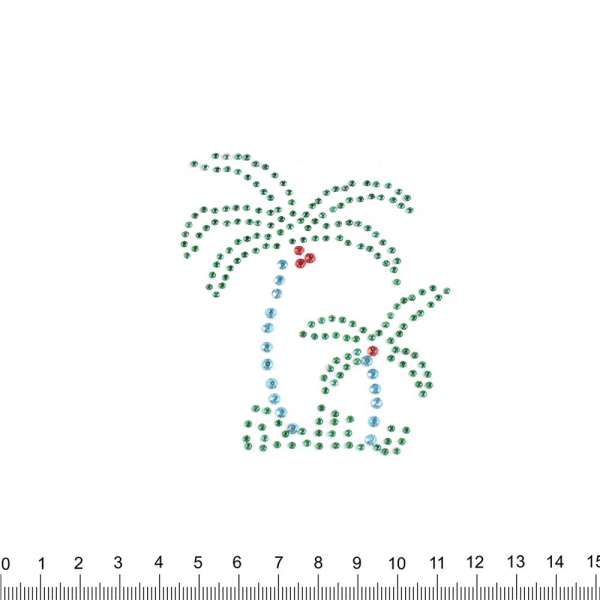 Термоапликация стразы металл Пальмы 70х80мм зелено-голубые