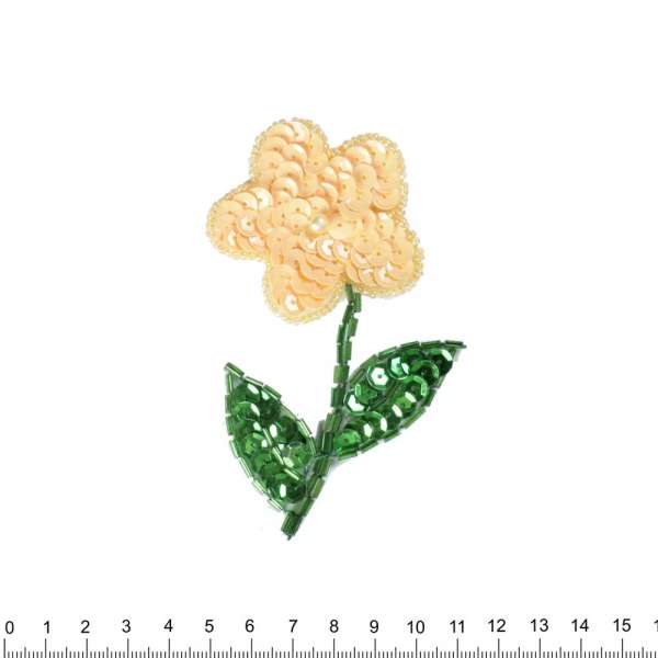 Нашивка с пайетками Цветок 50х11мм кремовый с зеленым