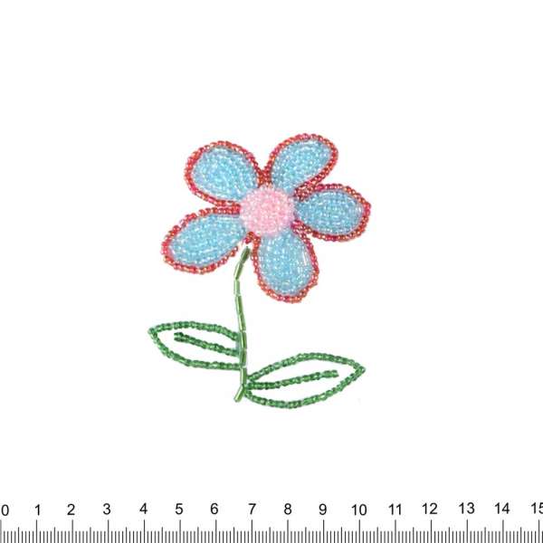Нашивка с бисером Цветок 50х90мм красно-голубой