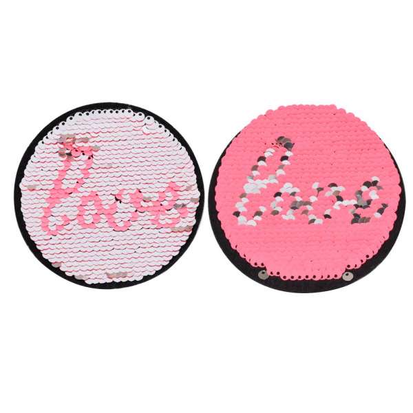 Термоаппликация Пайетки круг LOVE 90х90мм серебро/розовый