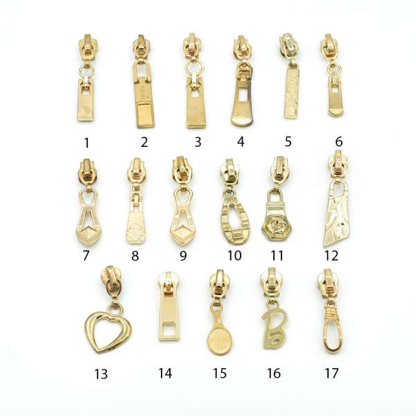 Бегунок на металлическую молнию №3 золото с фигурным язычком