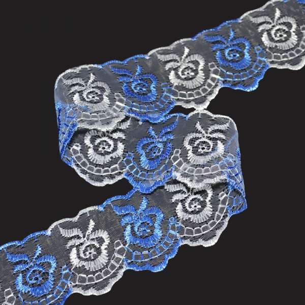 Кружево капрон двухцветное 40мм белое-синее