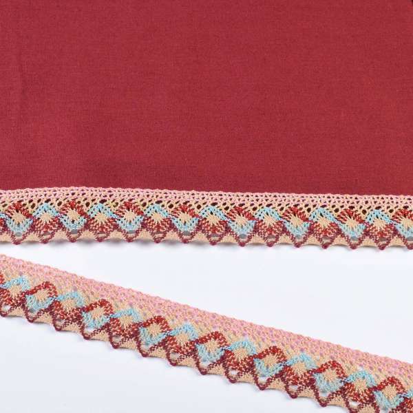 Кружево хлопок зигзаг 35мм бежевое с бордовым и голубым