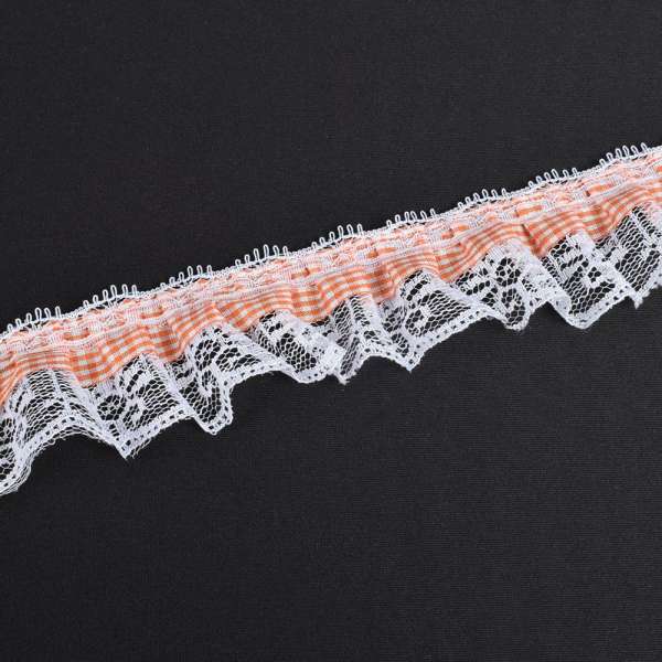 Кружево рюш с лентой в клетку 50мм оранжевое с белым