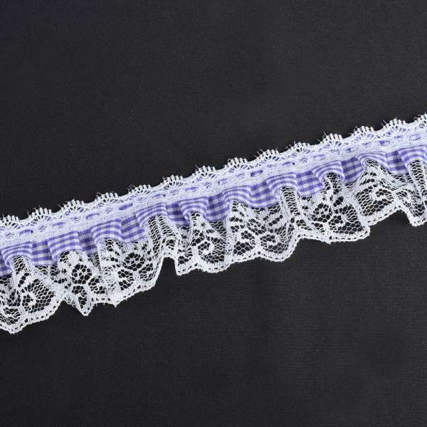 Кружево рюш с лентой в клетку 50мм сиреневое с белым