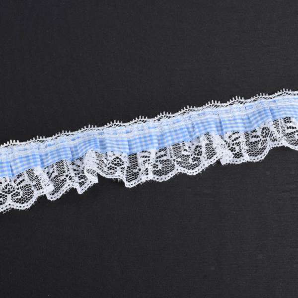 Кружево рюш с лентой в клетку 50мм голубое с белым