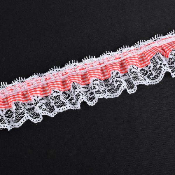 Кружево рюш с лентой в клетку 50мм красное с белым