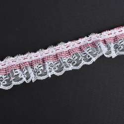 Кружево рюш с лентой в клетку 50мм бордовое с белым