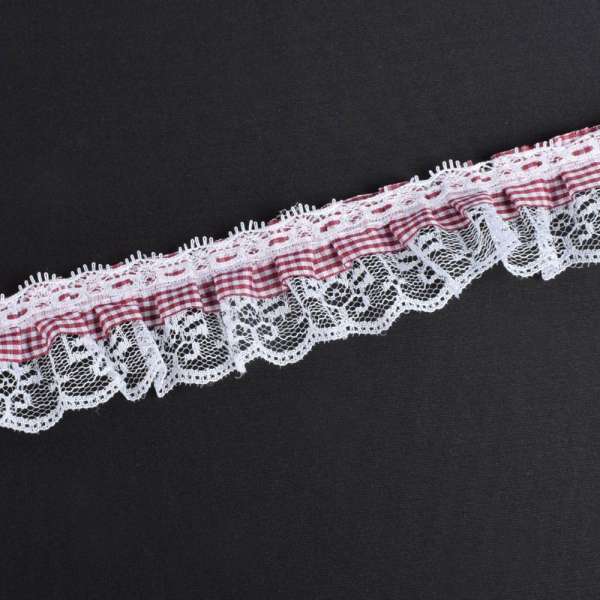 Кружево рюш с лентой в клетку 50мм бордовое с белым
