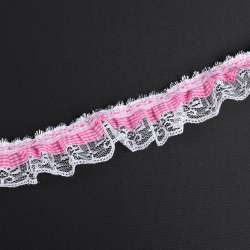 Кружево рюш с лентой в клетку 50мм малиновое с белым