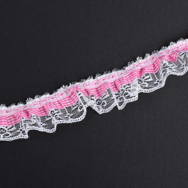 Кружево рюш с лентой в клетку 50мм малиновое с белым