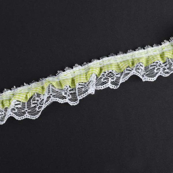 Кружево рюш с лентой в клетку 50мм салатовое с белым