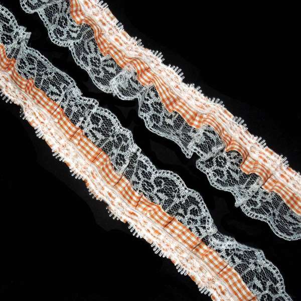 Кружево рюш с лентой в клетку 50мм терракотовое с белым