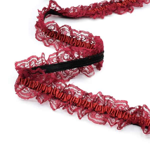 Кружево рюш на резинке с атласной лентой 40мм бордовое