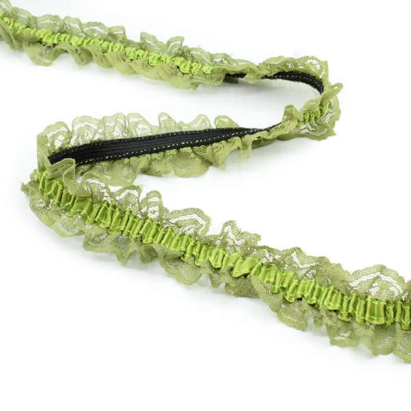 Кружево рюш на резинке с атласной лентой 40мм зеленое