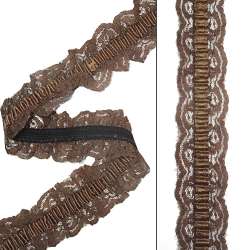 Кружево рюш на резинке с атласной лентой 40мм коричневое