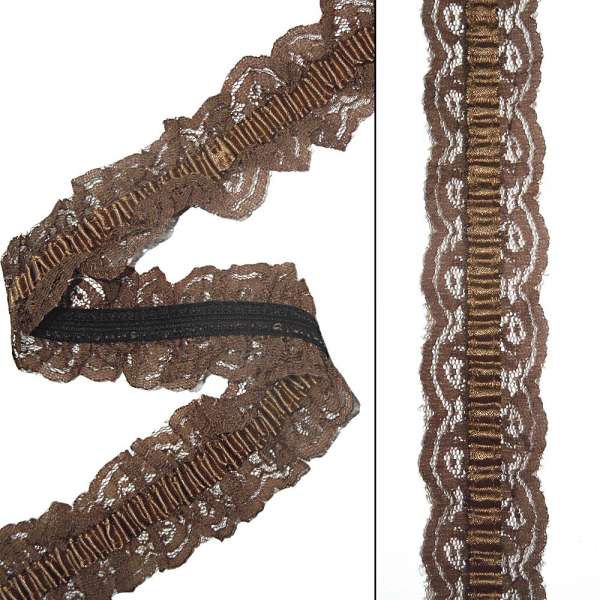 Кружево рюш на резинке с атласной лентой 40мм коричневое