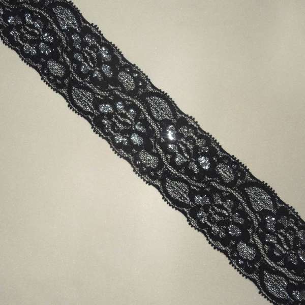 Кружево стрейч с люрексом 50мм черное с серебряным