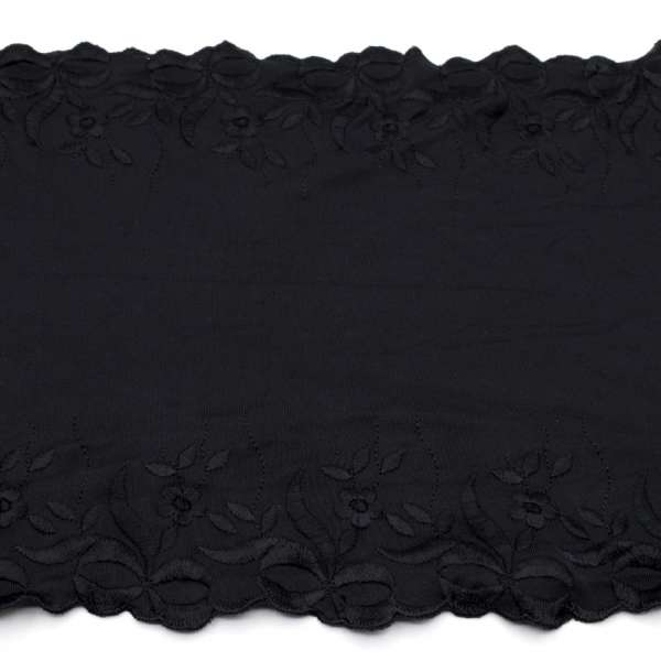 Кружево стрейч черное с огурцами и цветами, ш.20см, 2-стор