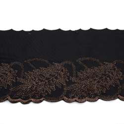 Кружево стрейч черное с большими коричневыми листьями, ш.12см, 1-стор
