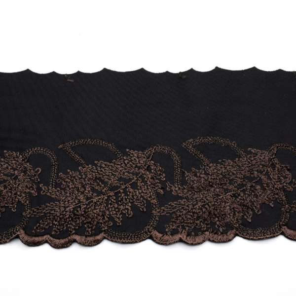 Кружево стрейч черное с большими коричневыми листьями, ш.12см, 1-стор