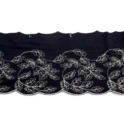 Кружево стрейч черное с белыми листьями, ш.13см, 1-стор
