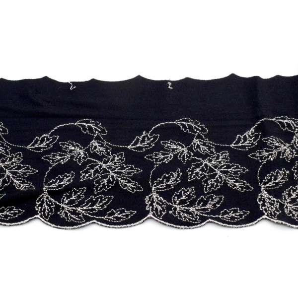 Кружево стрейч черное с белыми листьями, ш.13см, 1-стор