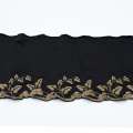 Кружево стрейч черное с бежевыми листьями, ш.11см, 1-стор